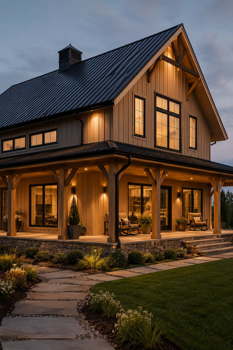 A post-frame barndominium at dusk, warm light in every window