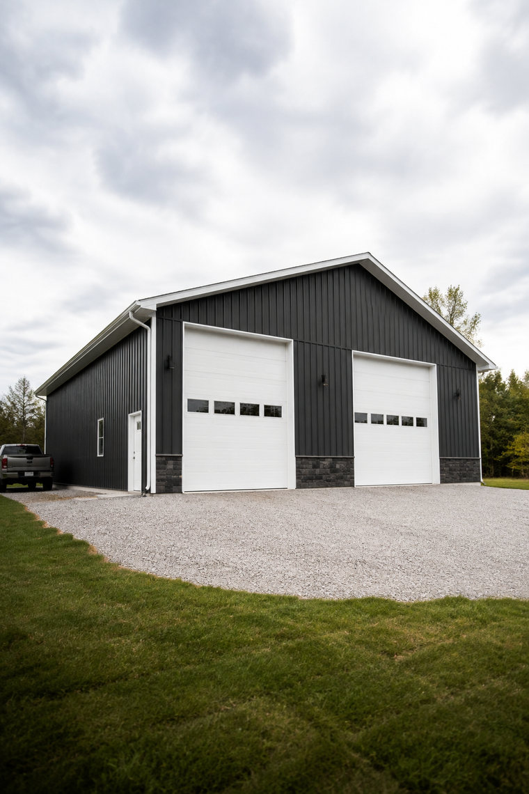 A finished post-frame shop with charcoal steel siding and two overhead doors