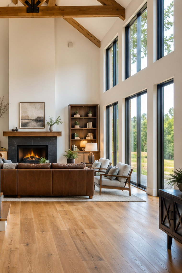 The great room of a finished barndominium — exposed timber trusses, a stone fireplace and a wall of windows