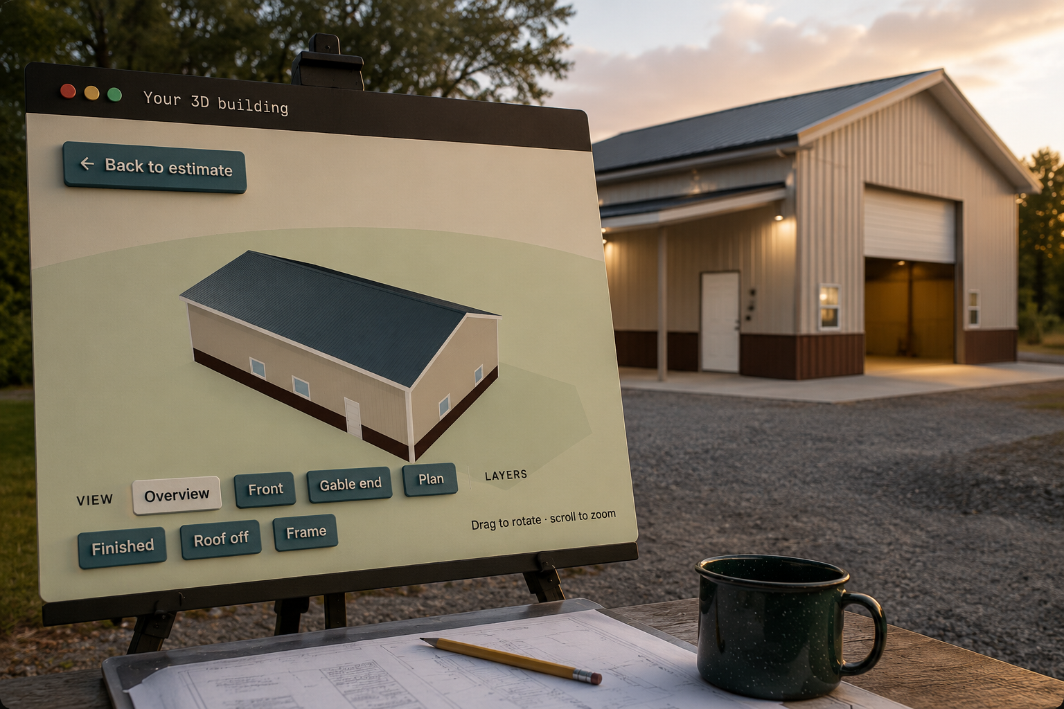 A pole barn cost calculator gives a number; here a customer turns the actual 40x60 shop they were quoted, roof lifted off.