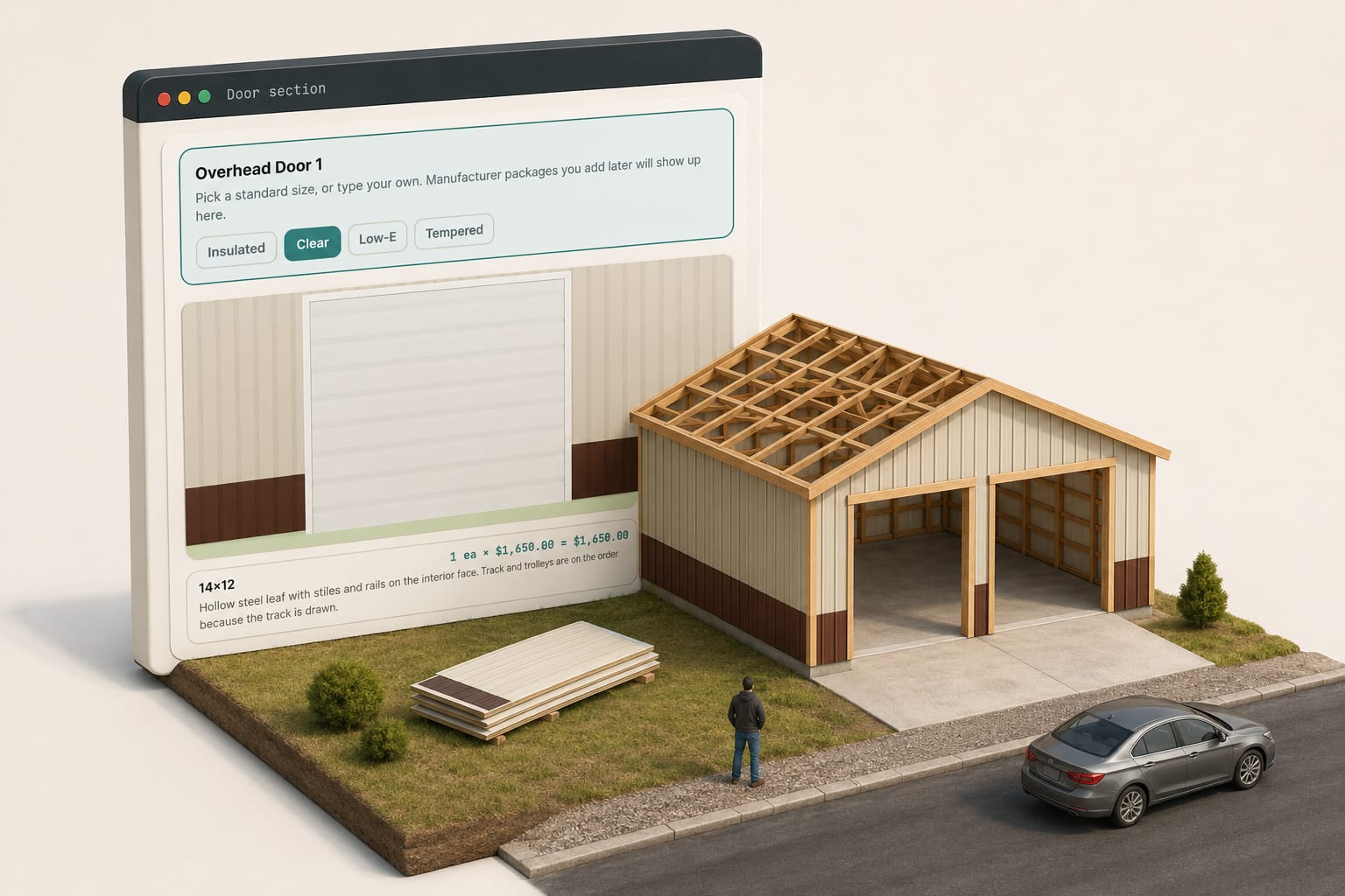 Two-car post-frame garage with door openings framed, slab poured and apron in front: what a pole barn cost calculator misses