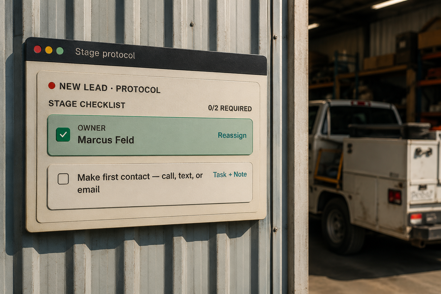 Post-frame builder at a pickup tailgate at dusk, quote sheets on the seat, a half-framed shop in the field