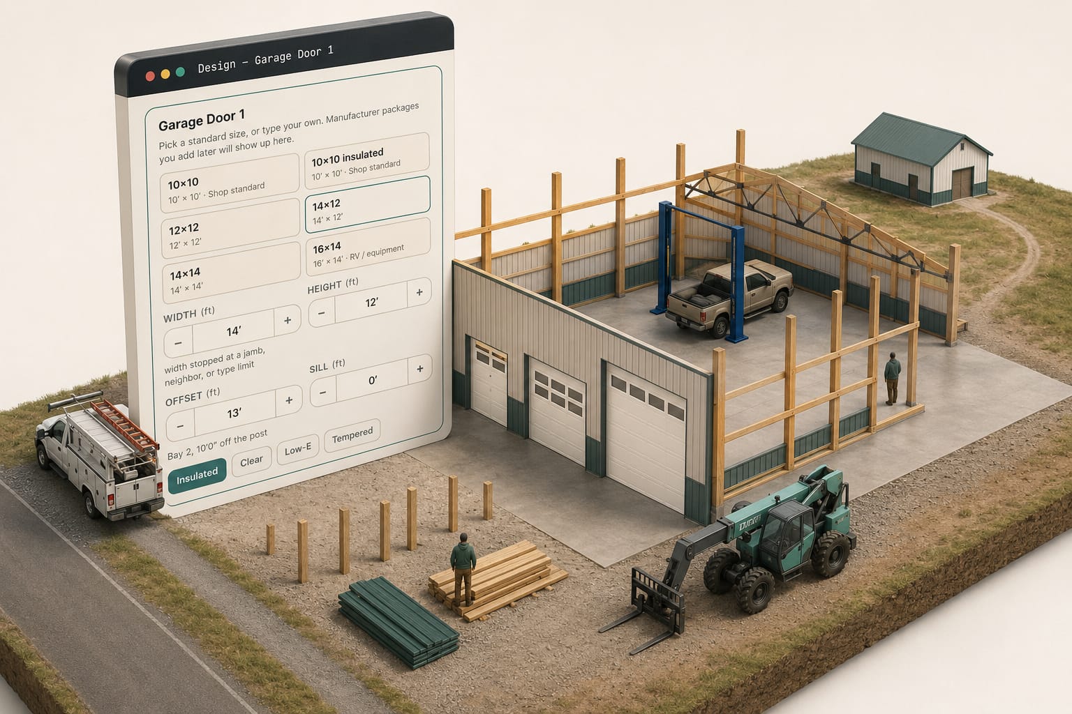 Post-frame shop with three overhead doors and a poured slab floor, the parts a pole barn cost calculator misses