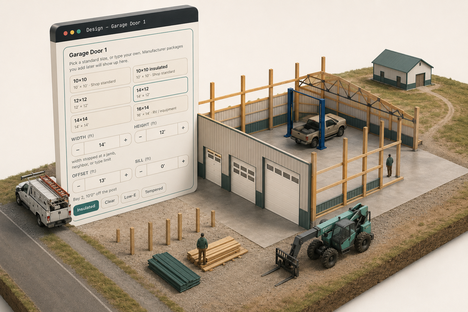Post-frame shop with three overhead doors and a poured slab floor, the parts a pole barn cost calculator misses