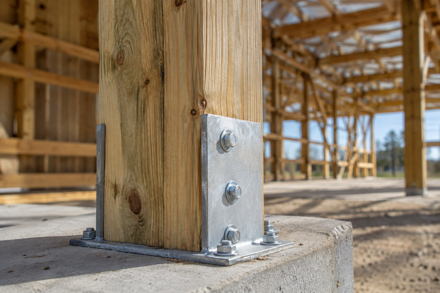 A pole barn jobsite at post set, posts standing at ten-foot centres along a string line with truss bundles waiting