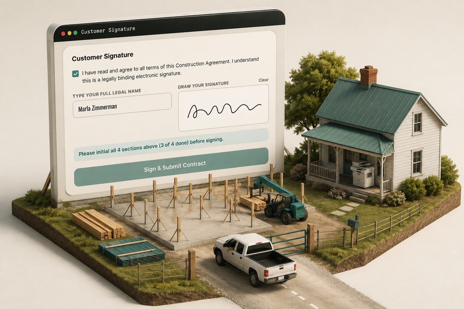 A pickup at the gate of a staked pole barn site while an abandoned printer sits on the farmhouse porch