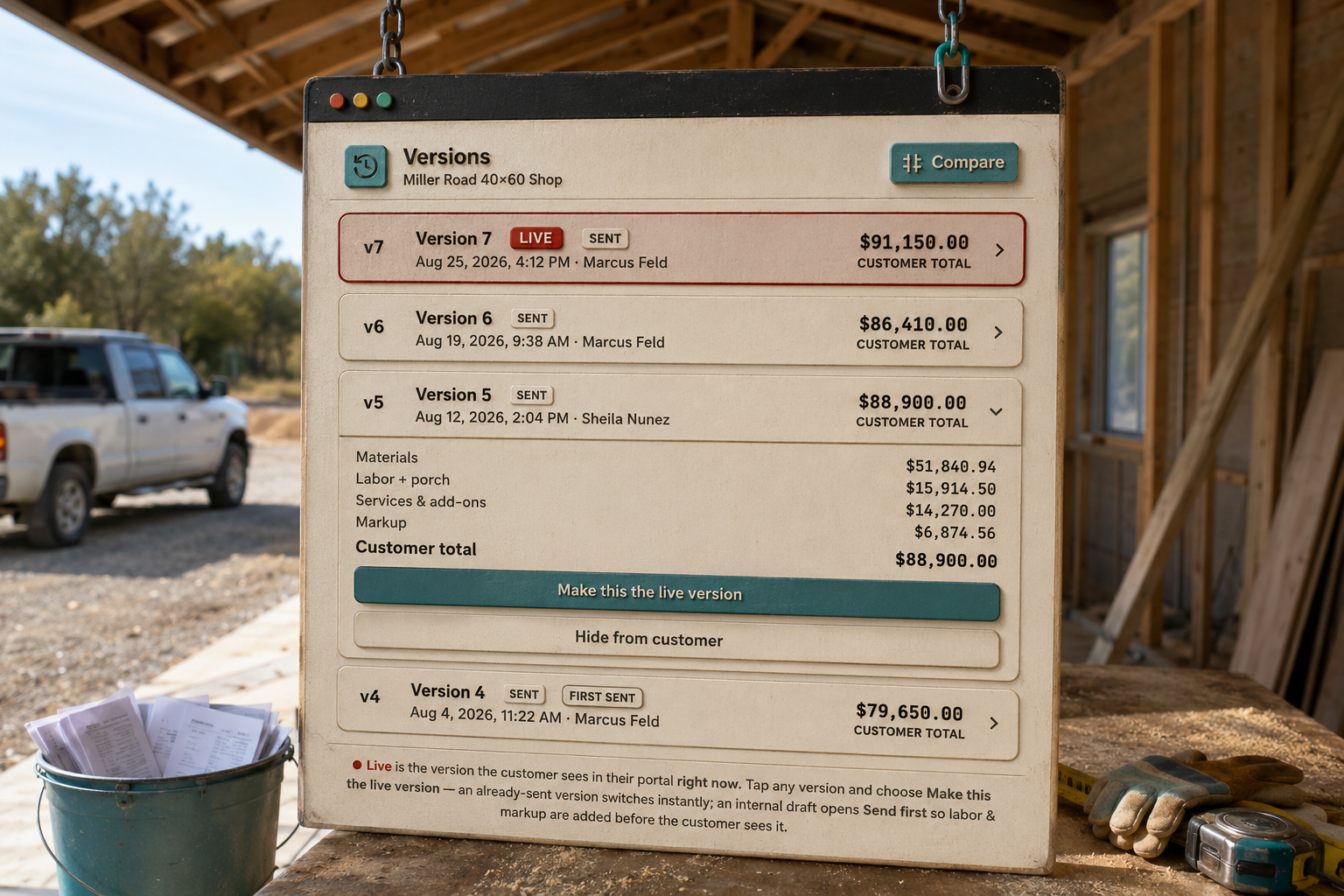 A quote board hanging by one chain inside a half-built pole barn, old printed revisions crumpled in a bucket below
