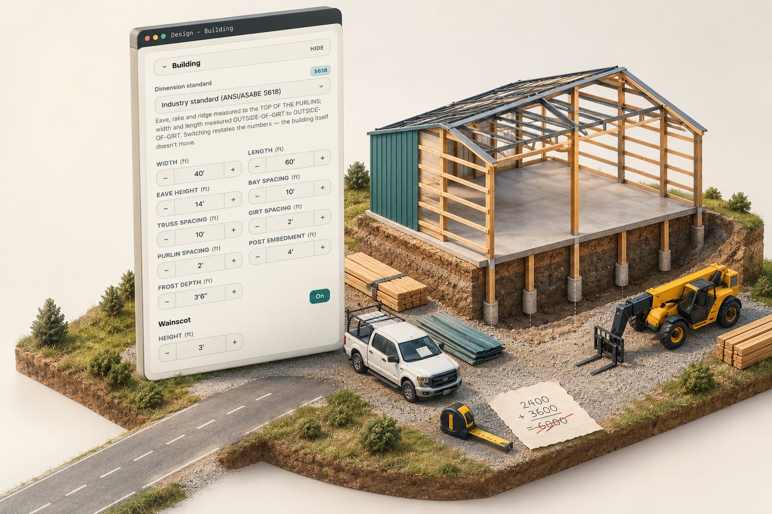 A pole barn frame cut away — girt spacing up every wall and the posts standing below the frost line
