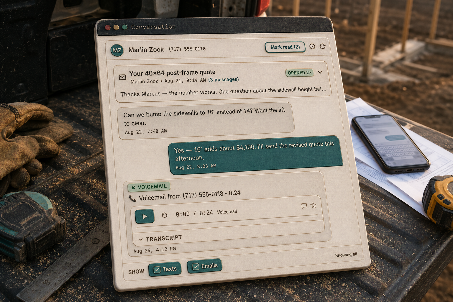 A builder's phone with the lead's text thread beside a 40x60 post-frame shop site with posts set and no price yet