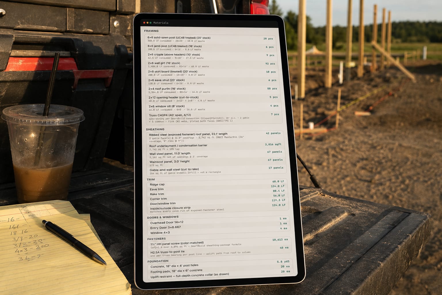 A 40x60 pole barn site at the end of the day with the material takeoff done on a tablet before the truck leaves