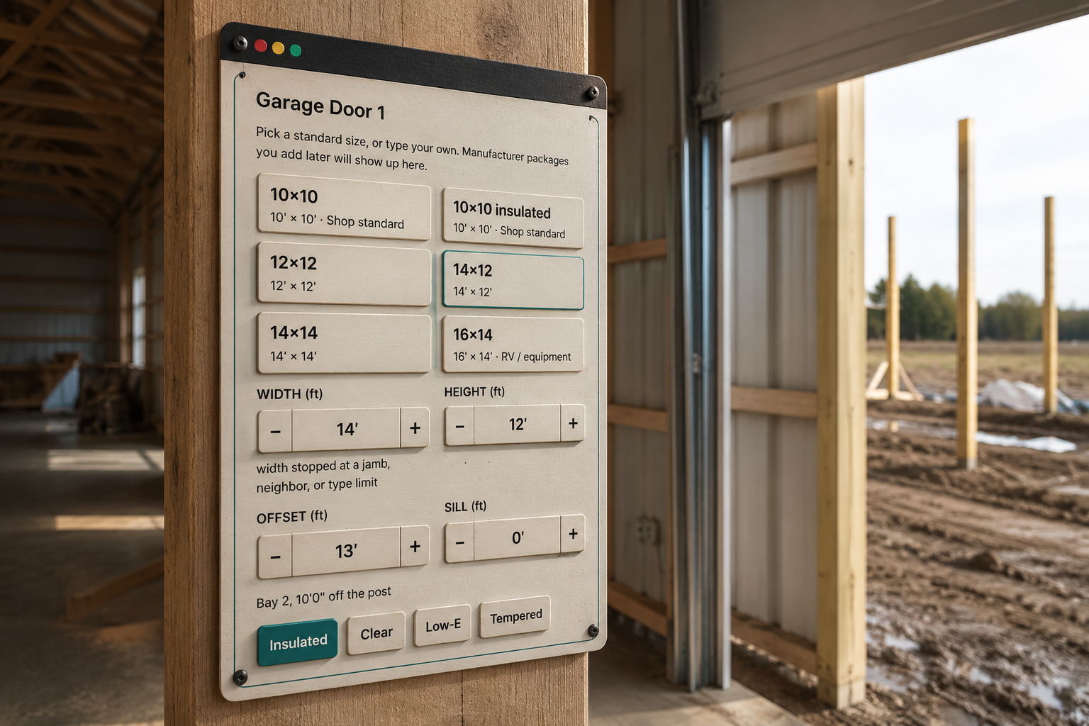 An overhead door being framed inside a half-built pole barn, the door list from a pole barn cost calculator on a post