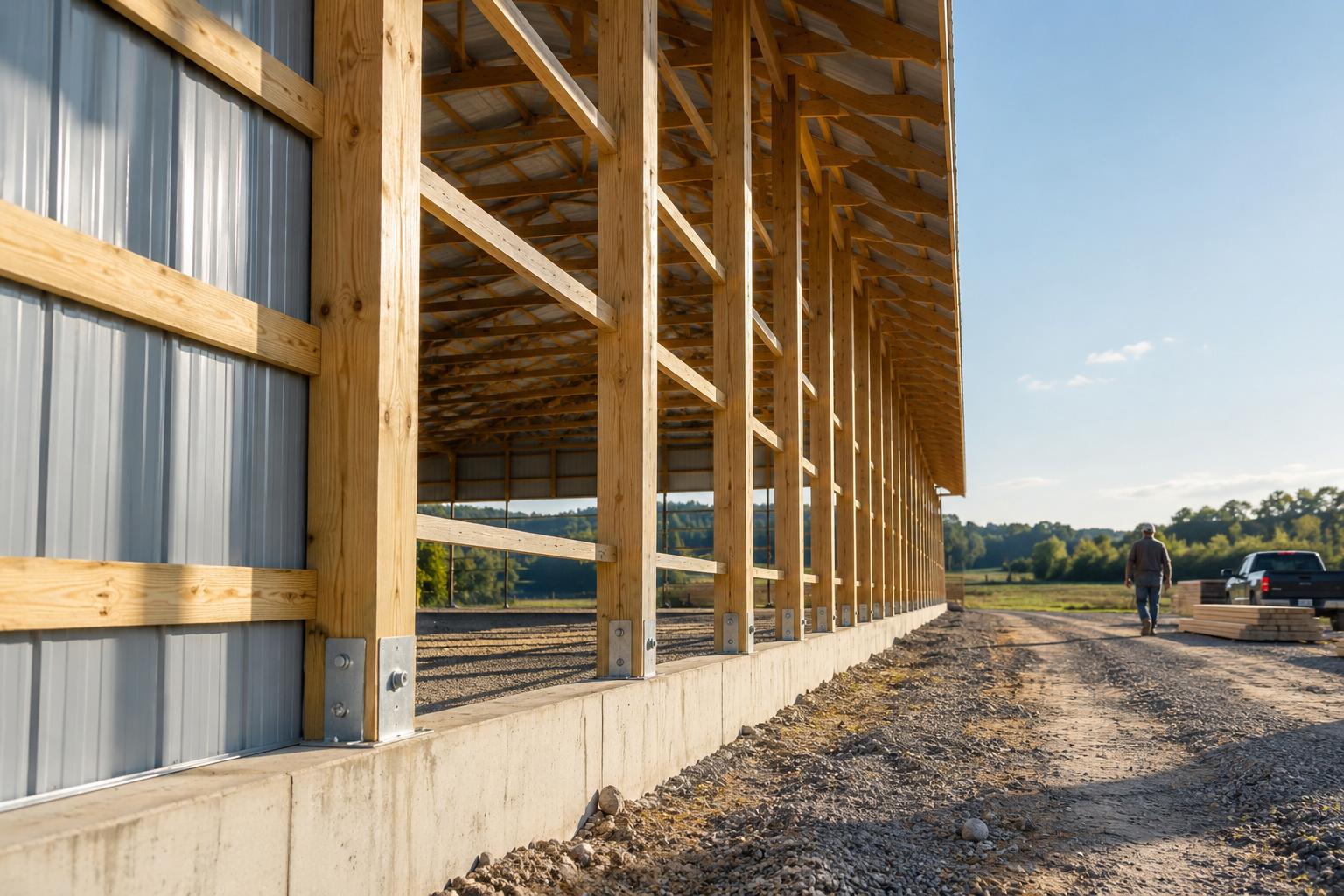 Miniature jobsite with a barndominium's posts going in, the customer watching, the county office down the road