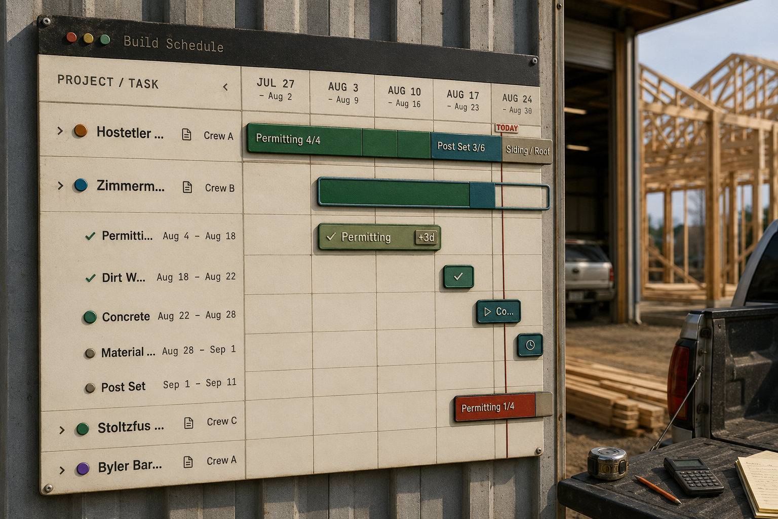 A build schedule mounted on a site trailer beside a half-framed 40x60 post-frame shop, a pocket calculator face down on the t