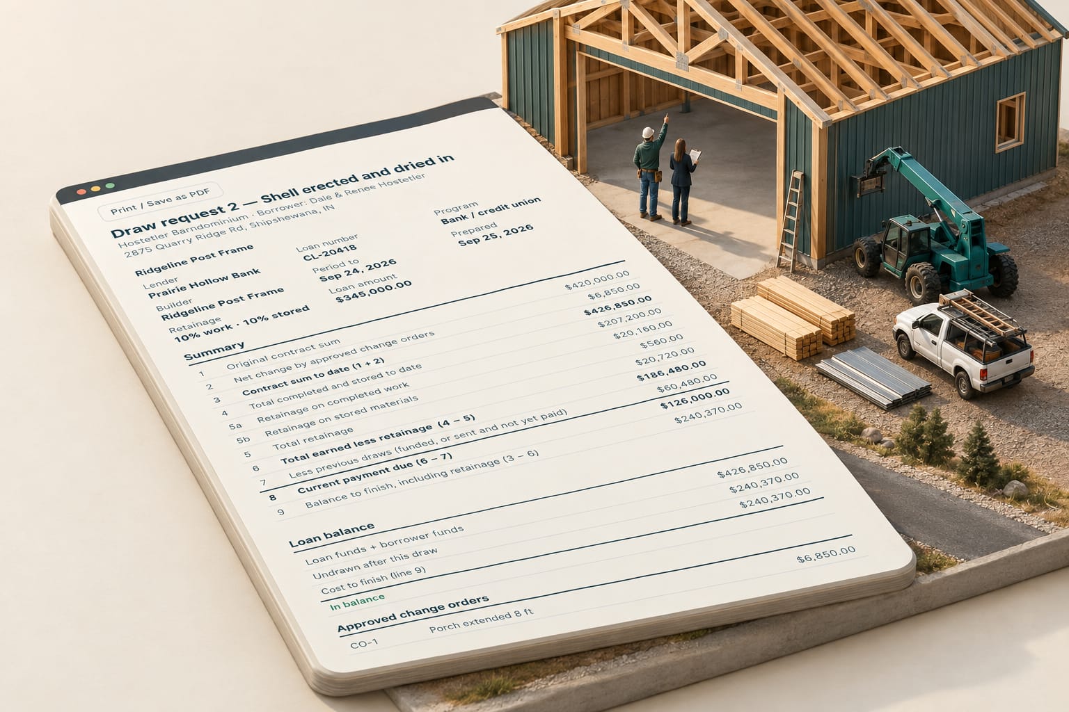 A builder and a loan officer with draw paperwork in the overhead door of a dried-in barndominium shell