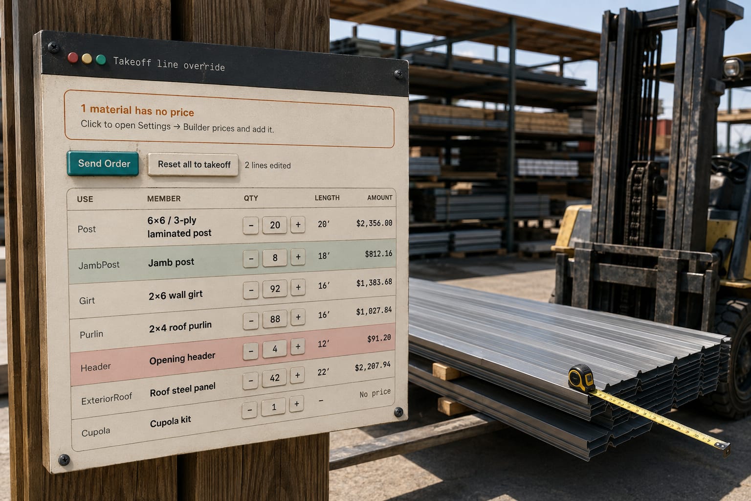Steel roof panels measured by the foot at a lumber yard, the count a pole barn cost calculator never makes