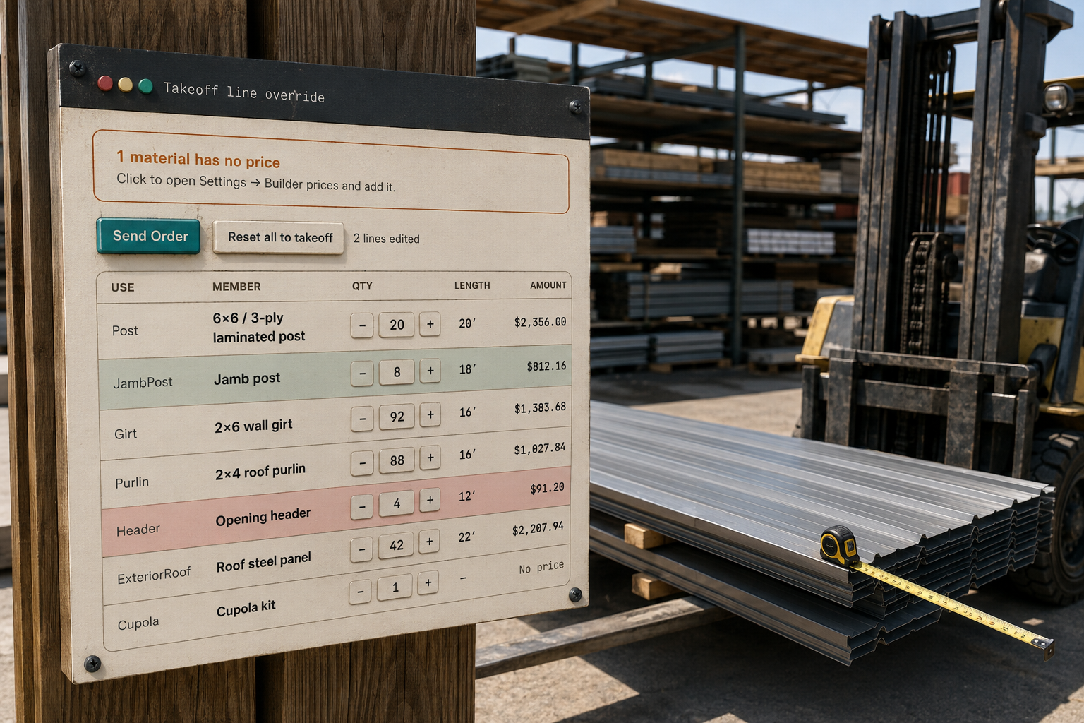 Steel roof panels measured by the foot at a lumber yard, the count a pole barn cost calculator never makes