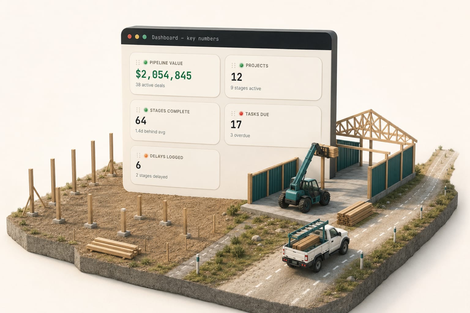 A half-built pole barn shop on a small plot with a road running out ahead — what job tracking software should surface