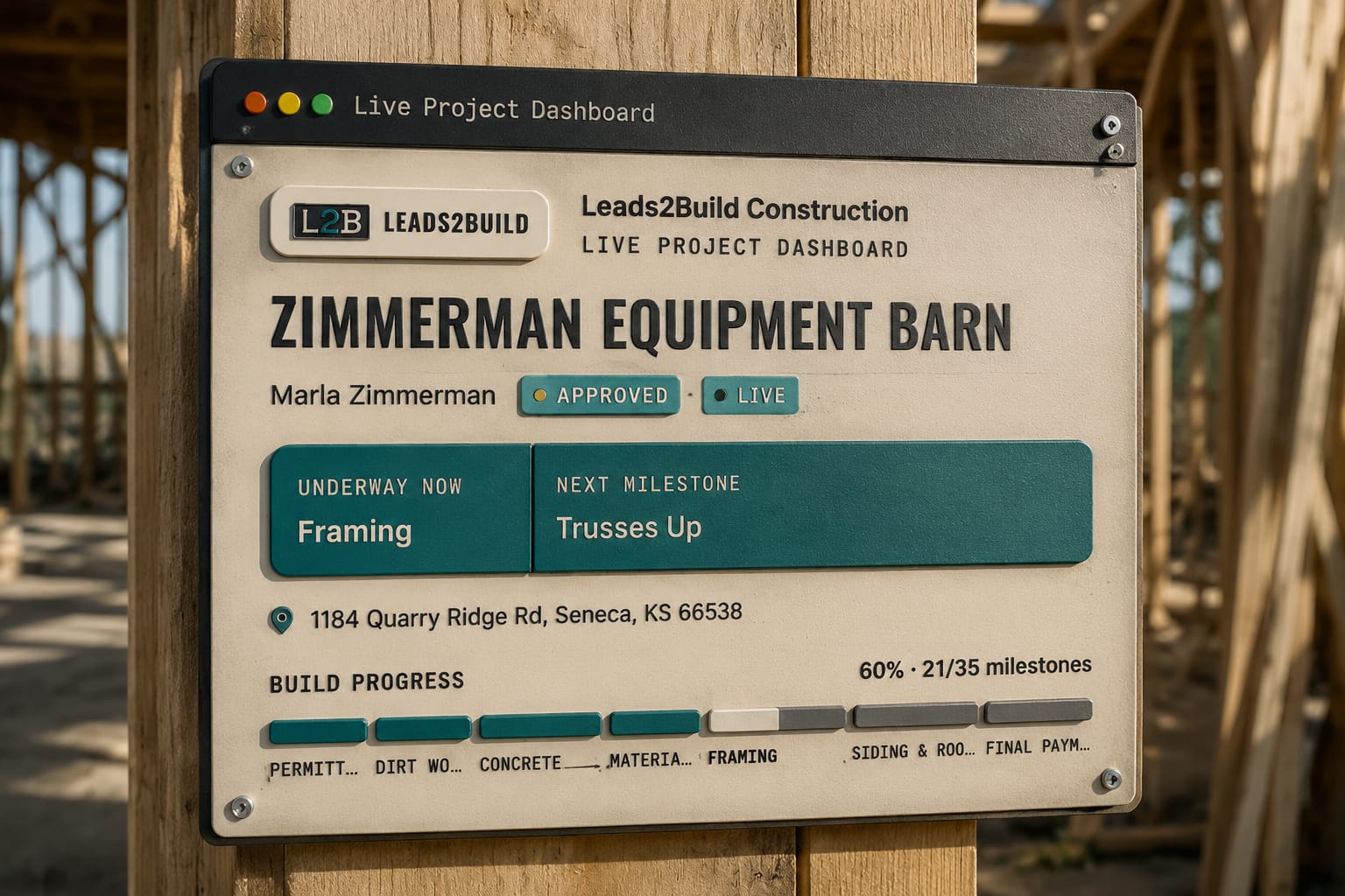 Customer watching her post-frame barndominium shell go up from her driveway as the contractor's truck leaves at dusk