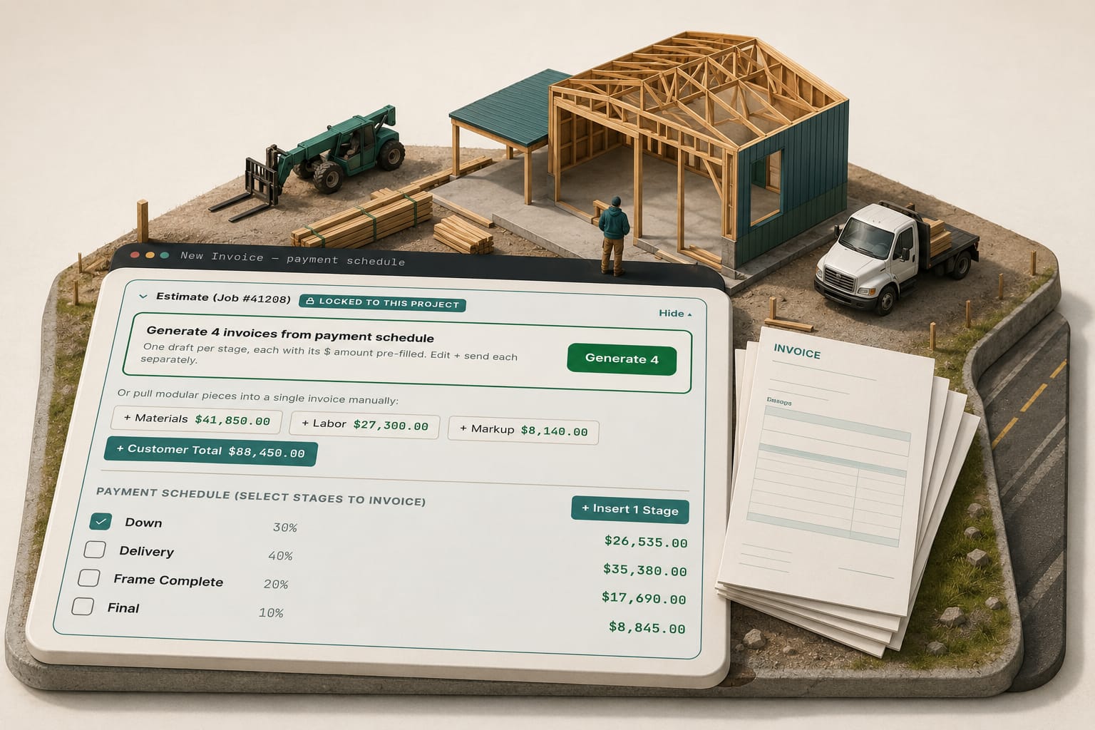 A 40x60 post-frame shop mid-build beside its draw invoices — where the SmartBuild estimate has to go after the number exists