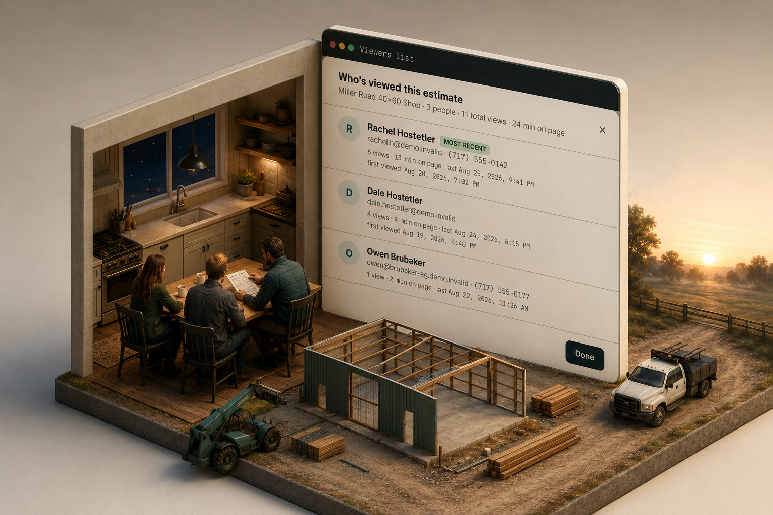 A family weighing a pole barn estimate at the kitchen table while the shop site waits outside