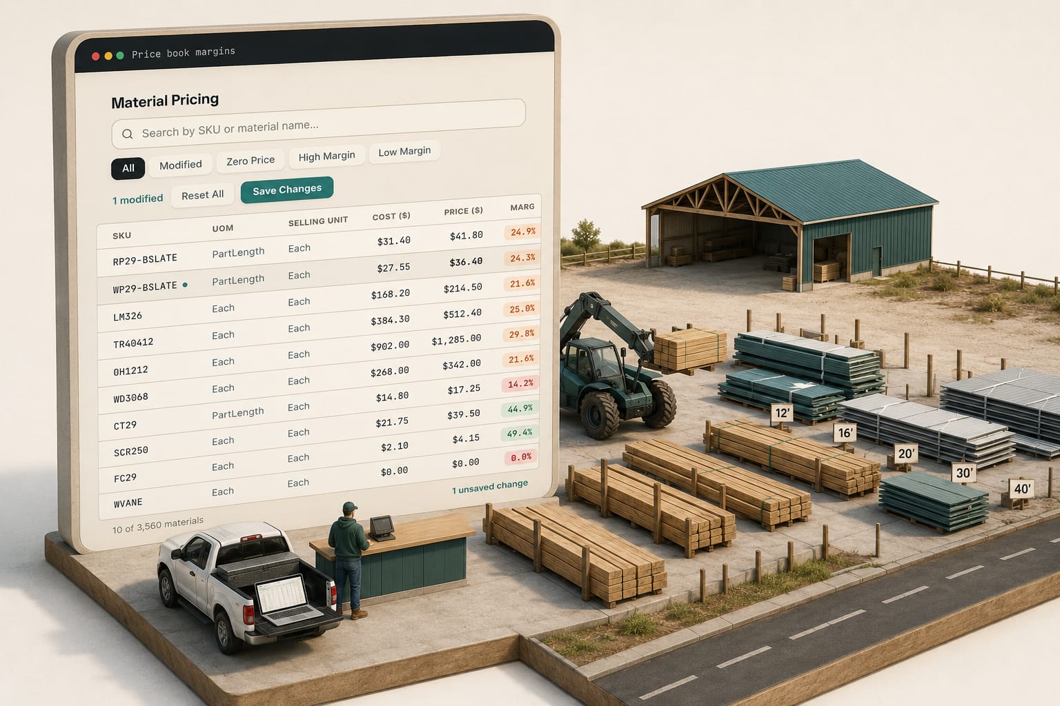 A builder’s lumber yard with steel and lumber stacked by length, the real prices a pole barn cost calculator never sees