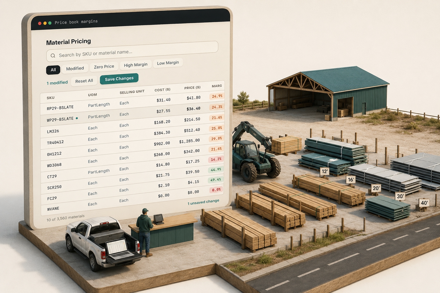 A builder’s lumber yard with steel and lumber stacked by length, the real prices a pole barn cost calculator never sees
