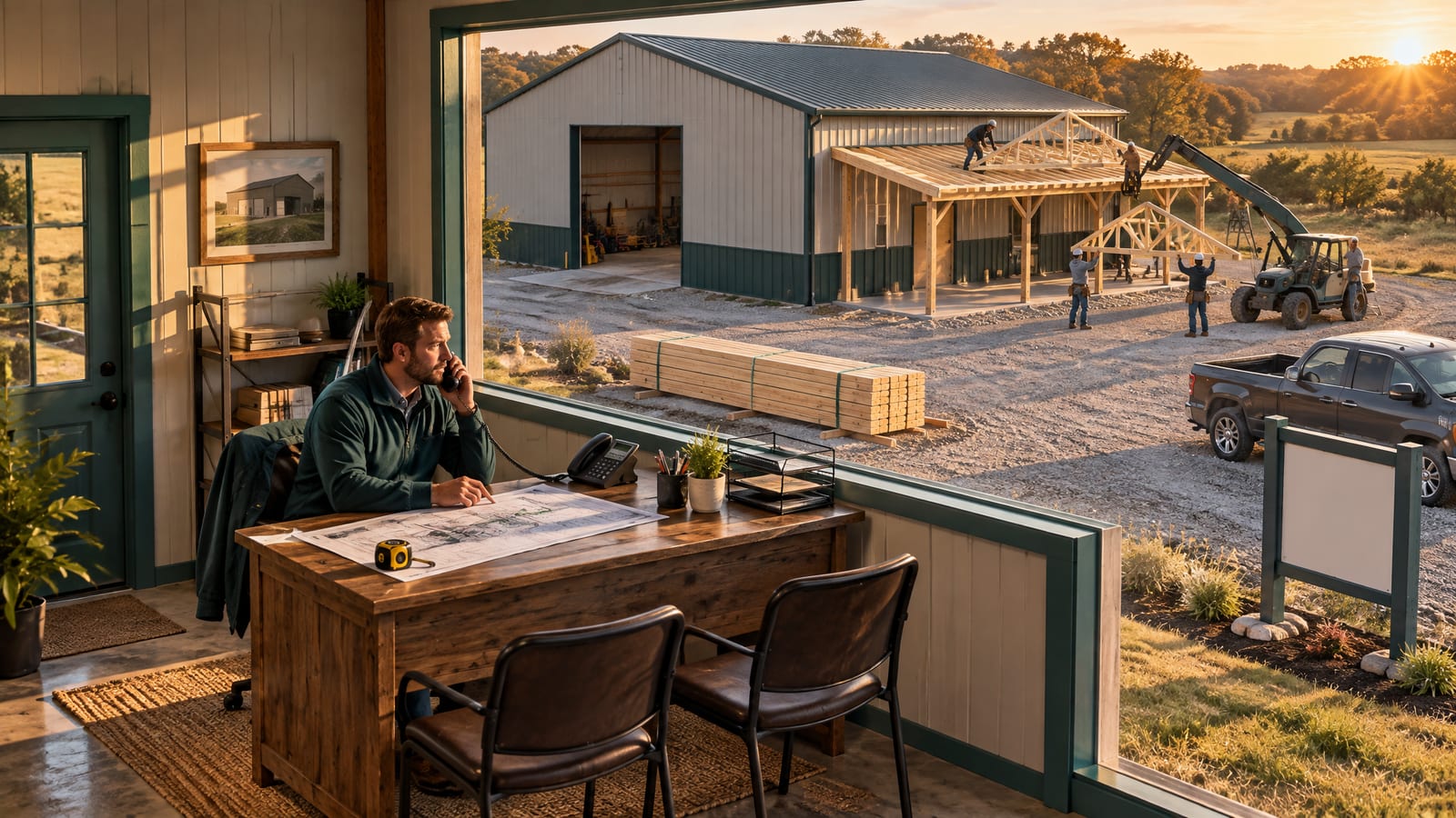 A sales rep on a call in a builder's office while a 40x60 post-frame shop with a lean-to is framed outside