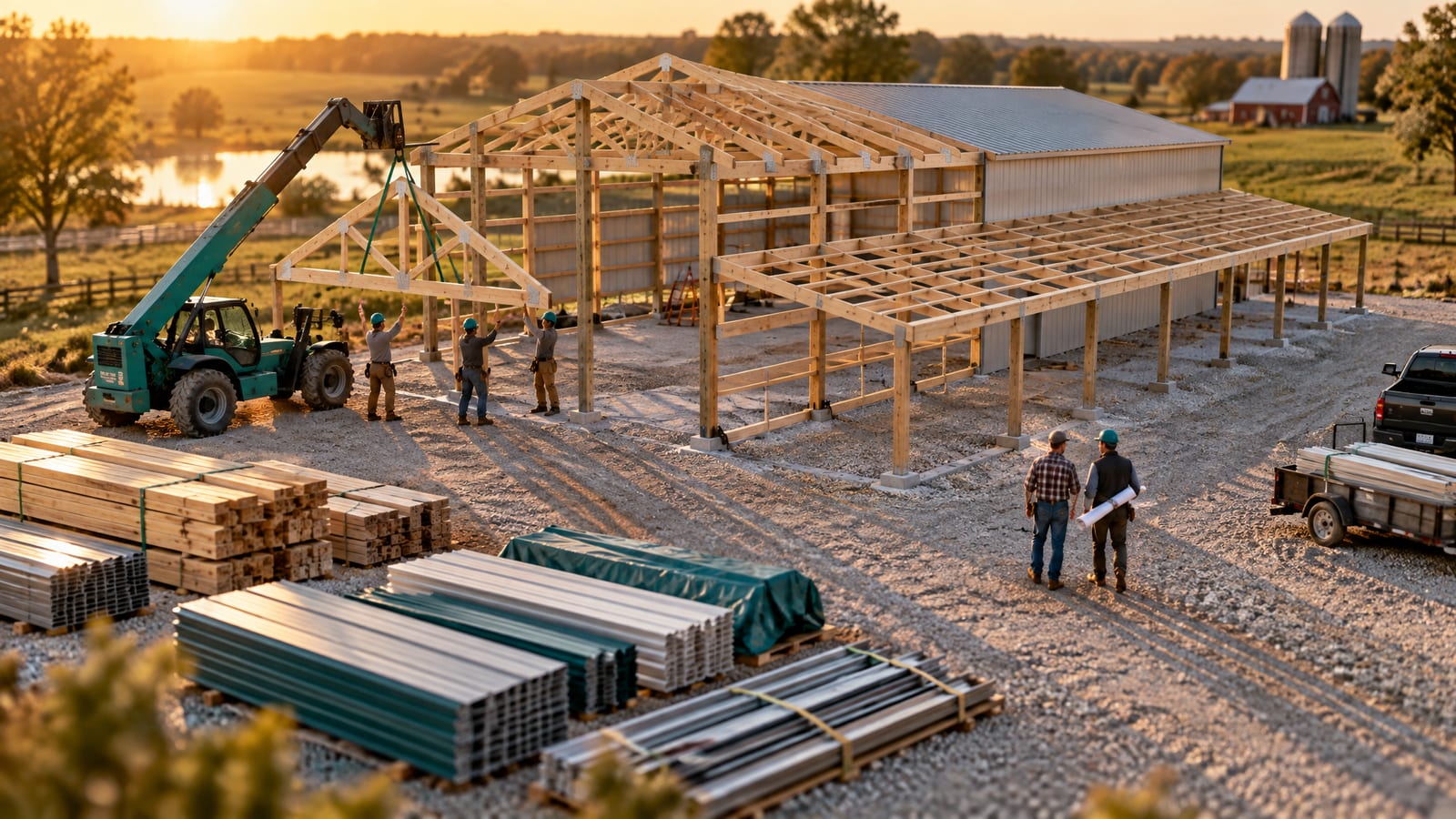 A 40x60 post-frame shop with a 12-foot lean-to going up, crew setting trusses beside a delivered materials package