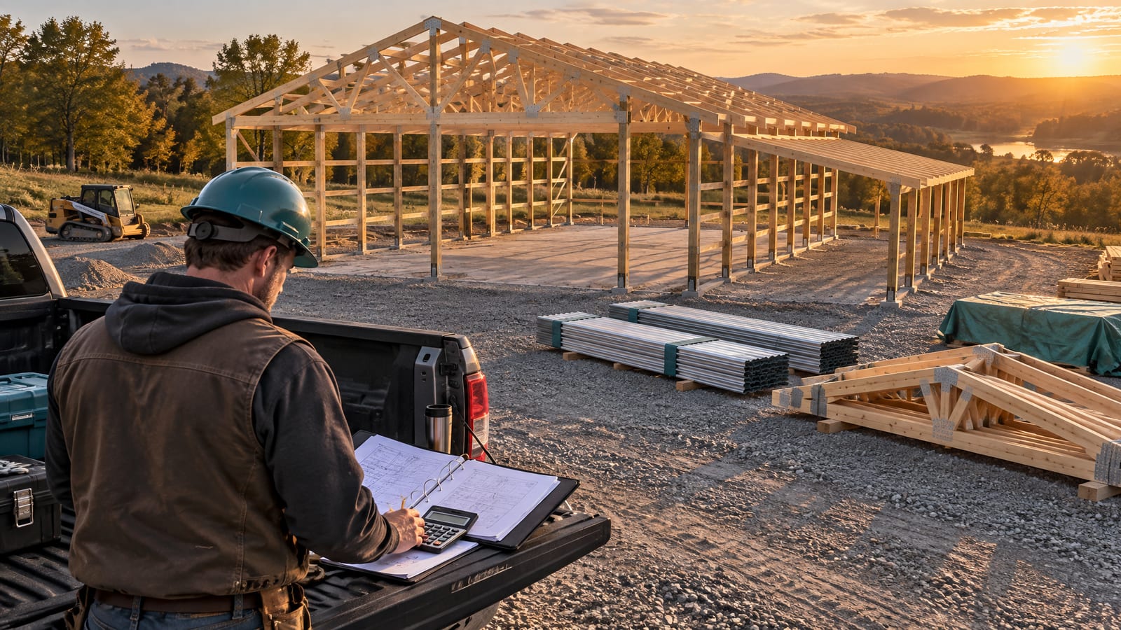 Miniature 40x60 post-frame shop with a lean-to mid-build; the owner at a pickup tailgate going over a draw schedule