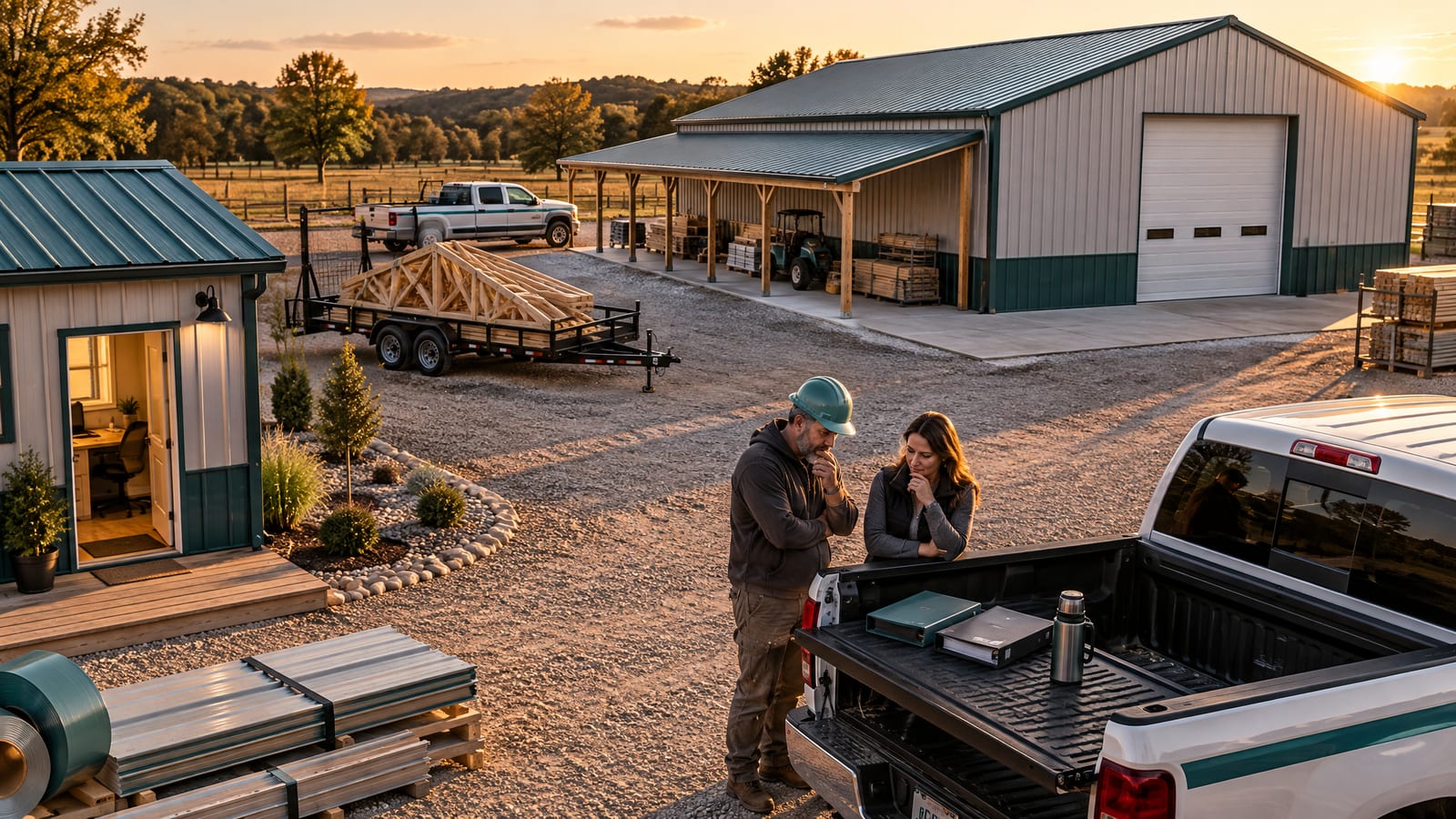An owner and office manager weigh two binders on a tailgate beside a finished 40x60 post-frame shop at golden hour