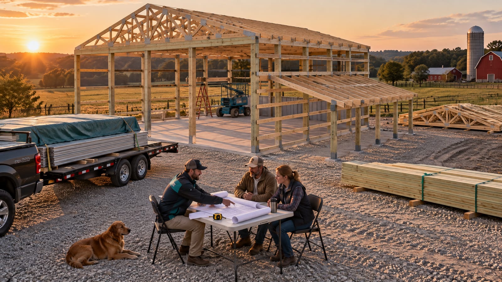 Miniature 40x60 post-frame shop mid-build with a lean-to frame, a sales rep and a farm couple going over plans at golden hour