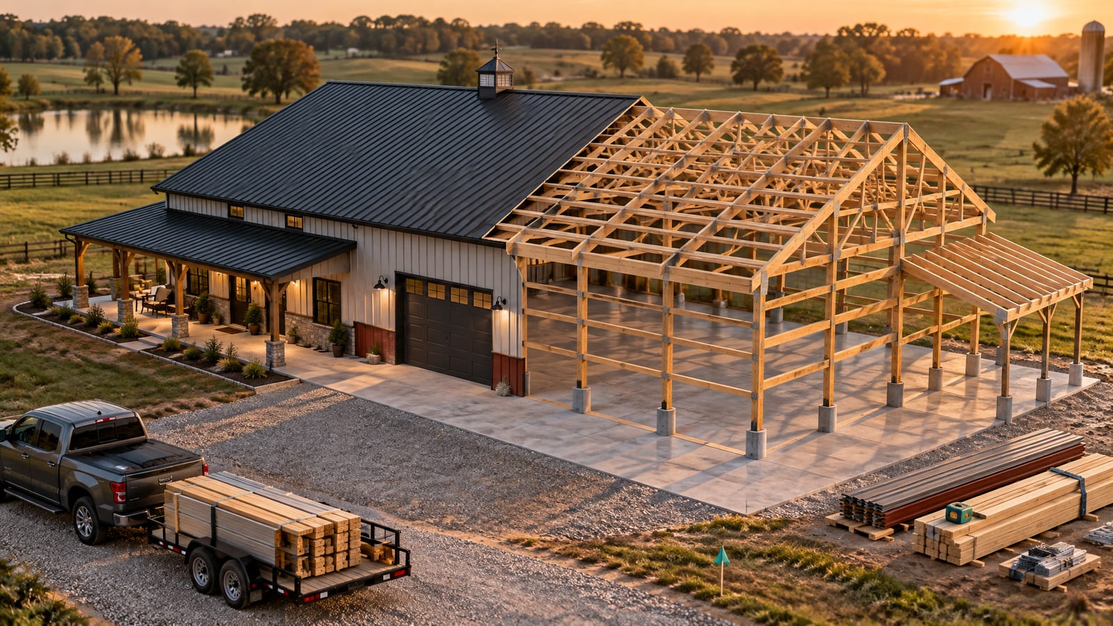 Miniature barndominium, half finished in steel with a wraparound porch and half showing its posts, trusses and girts