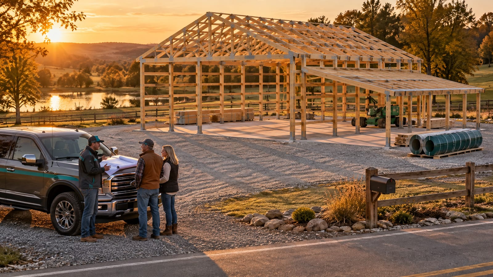 A 40x60 post-frame shop with a lean-to going up at golden hour while a sales rep talks with the owners beside his pickup