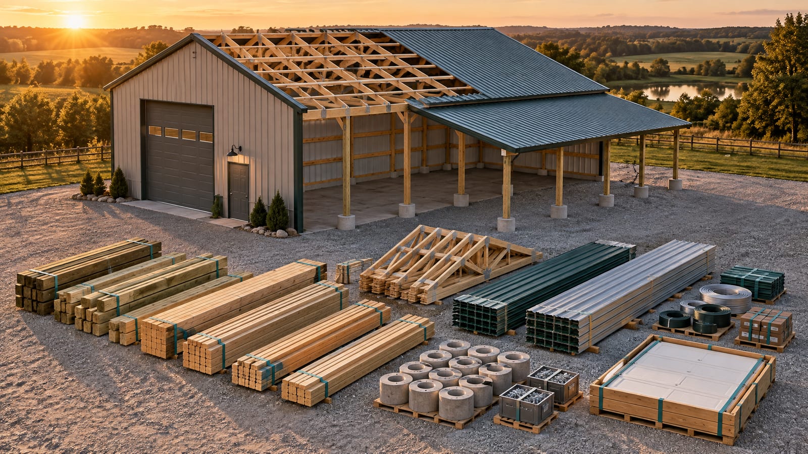 Miniature 40x60 post-frame shop with a lean-to, half framed, beside its full material package laid out in counted stacks.