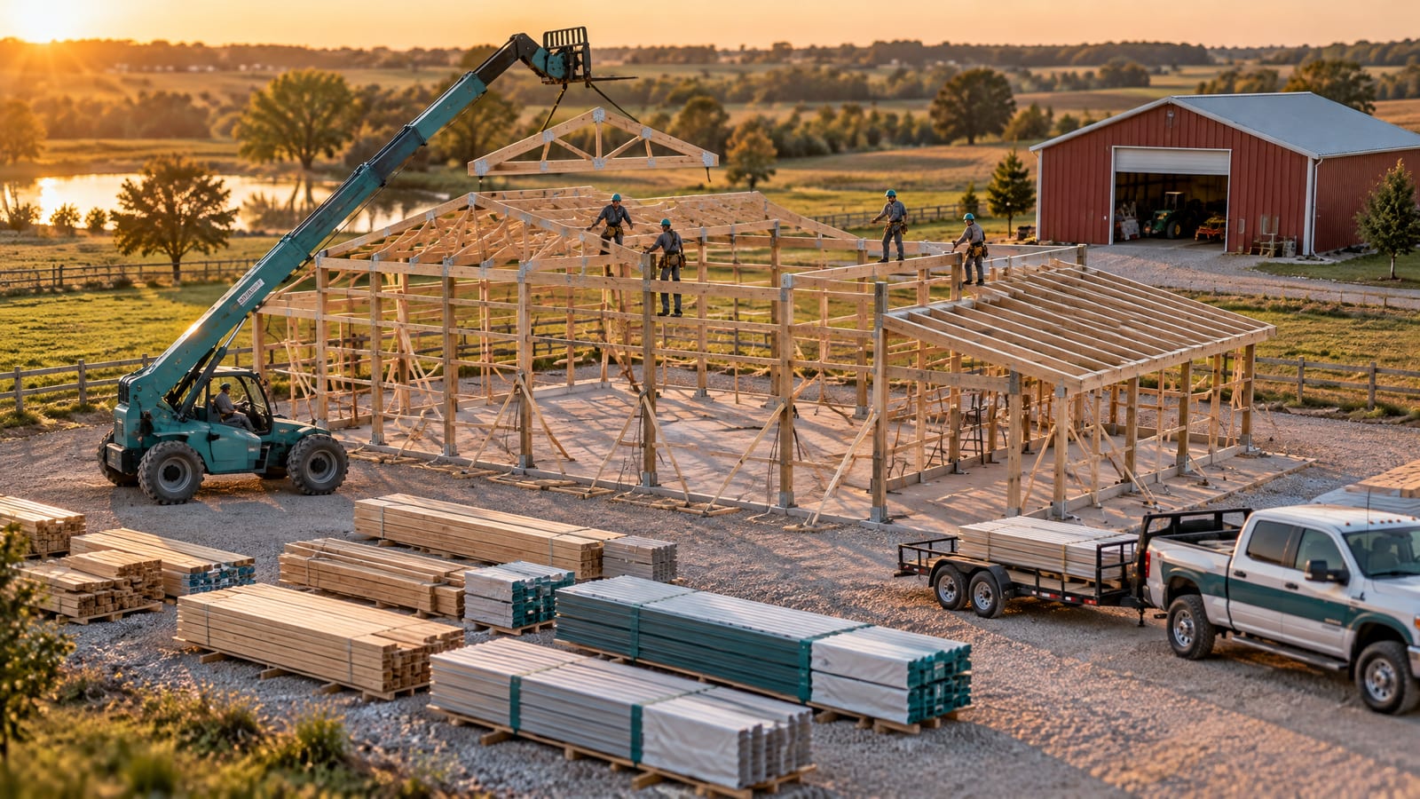 Miniature post-frame shop mid-build at golden hour: trusses going up, crew on the girts, material packs beside a truck.