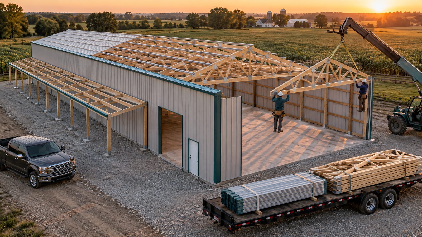 Miniature steel-clad 40x60 shop mid-build, trusses going up, a 12-foot lean-to framed and a steel package on a flatbed
