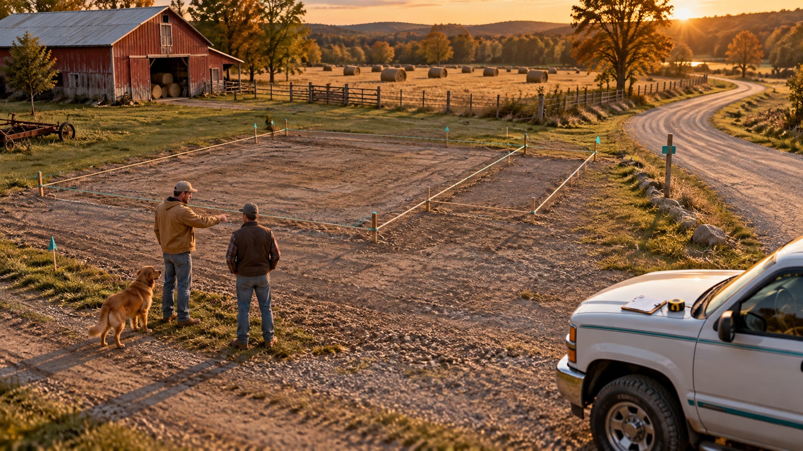 Miniature farm parcel at golden hour: a builder and landowner pace a staked 40x60 shop pad with a lean-to strung off one side