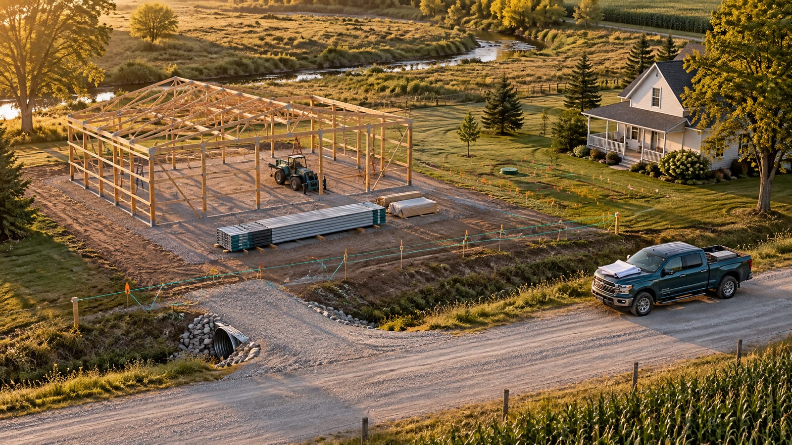 Miniature rural parcel with a 40x60 pole barn going up, setback stakes at the county road and a culvert at the new drive